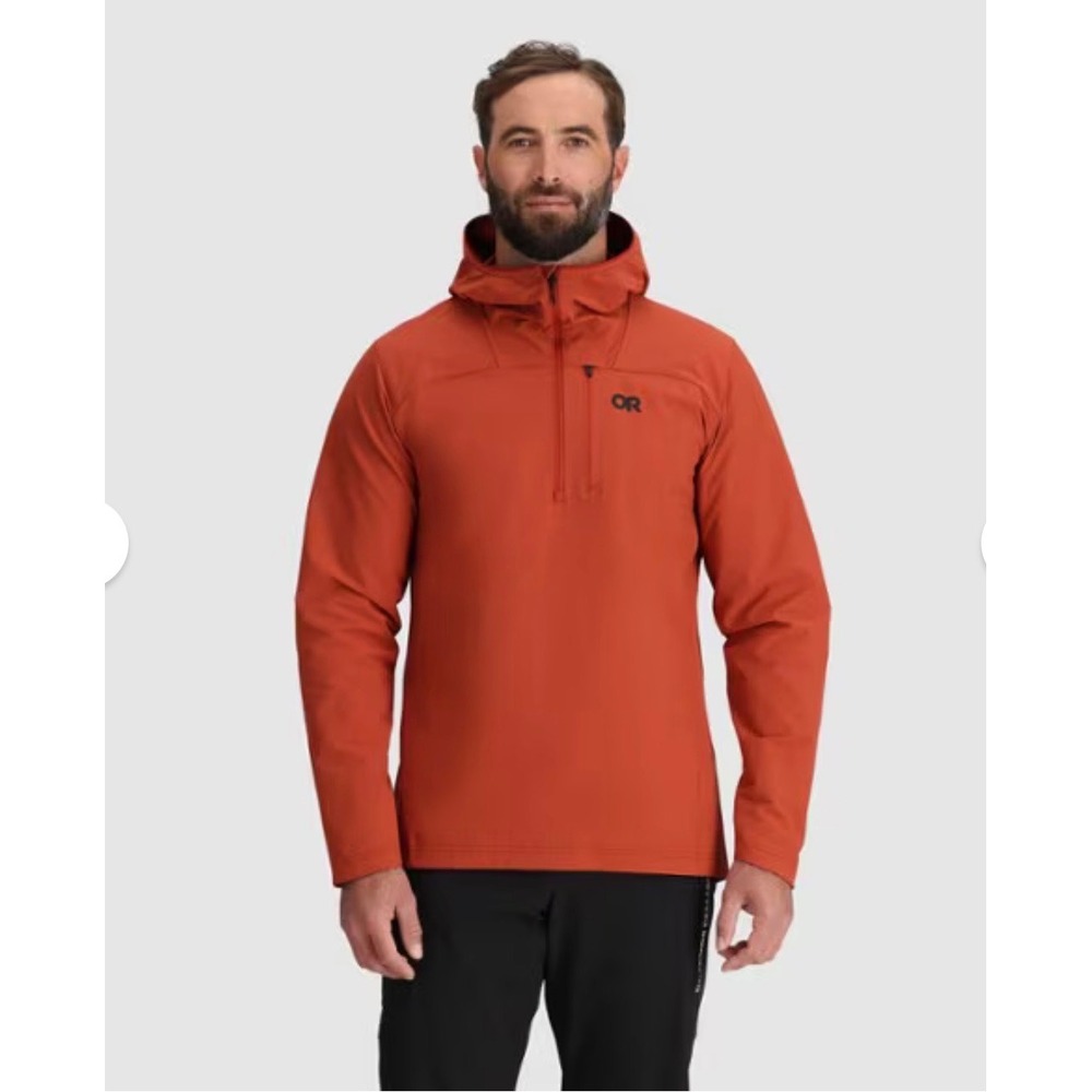 Outdoor Research Mens Large Orange Half Zip Hooded Softshell Breathable Jacket
